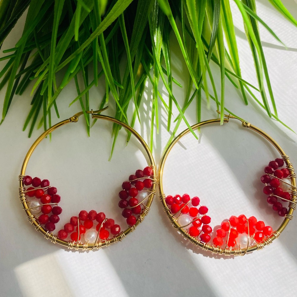 Gold Hoop Earrings with Red Bead Clusters